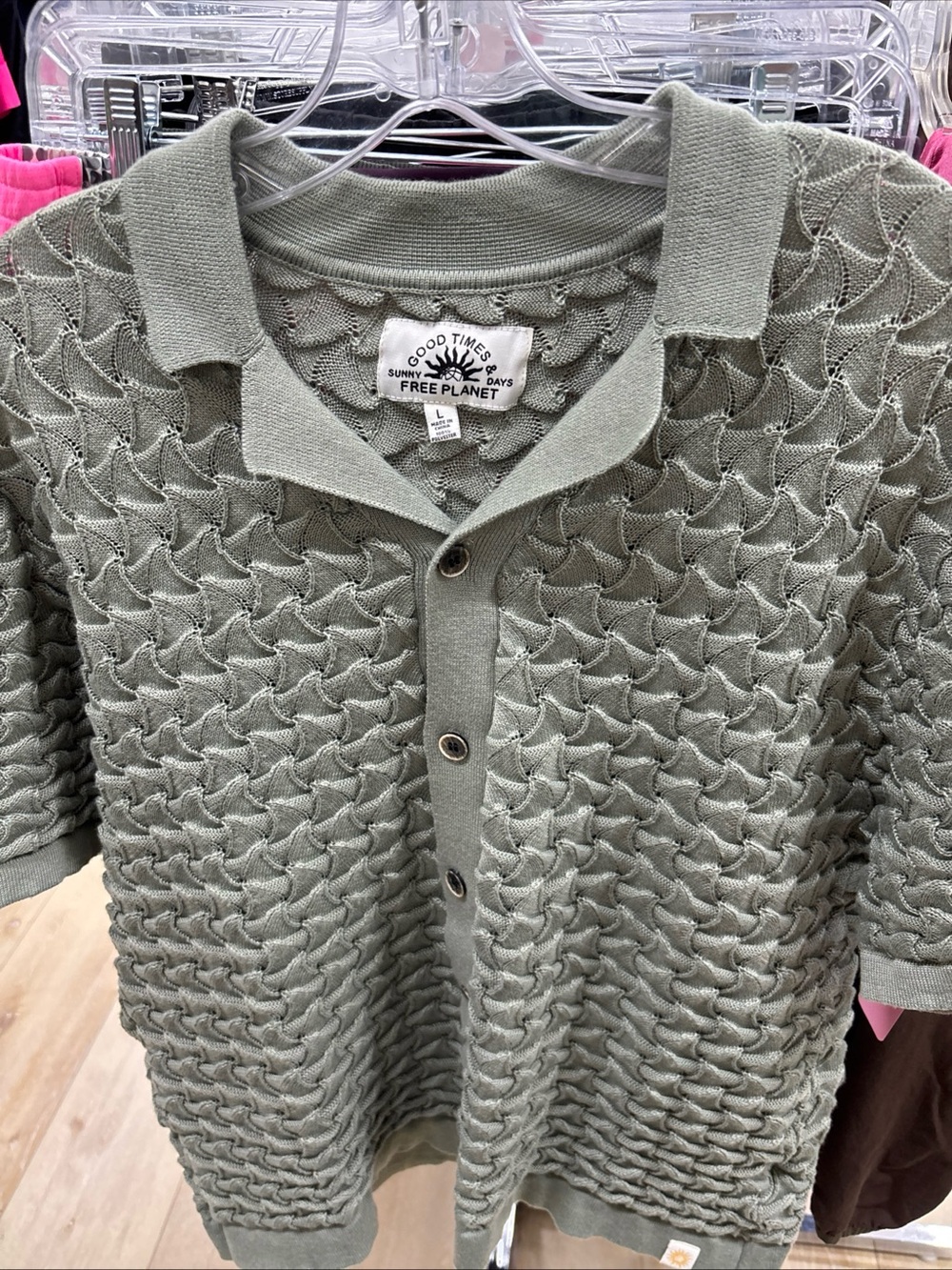 Free Planet Textured Knit Button Down Camp Shirt in Sage Green Resort Beach Club